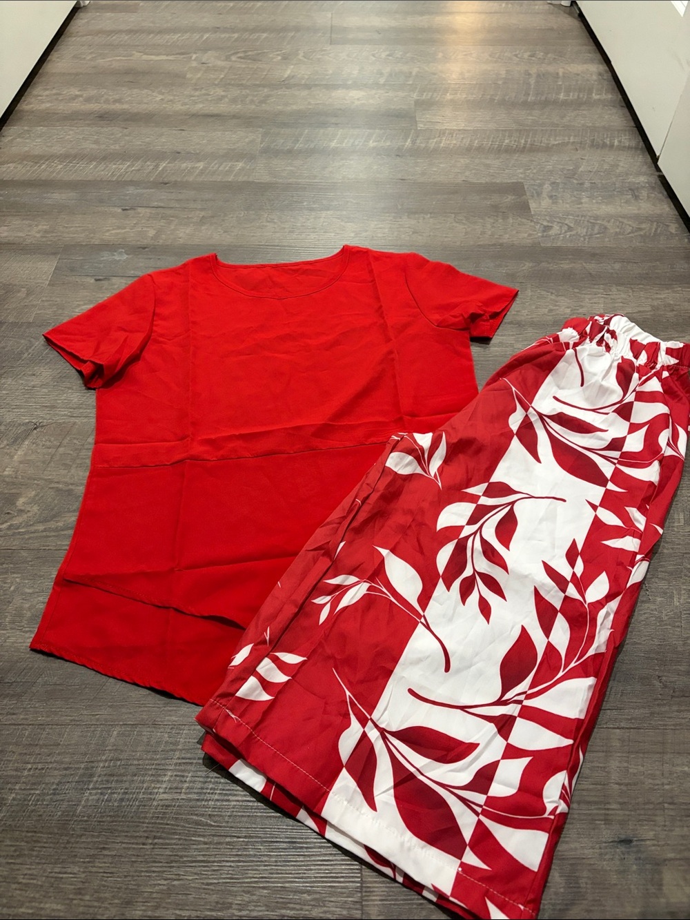 Red Short Sleeve Top and Floral Pants Set